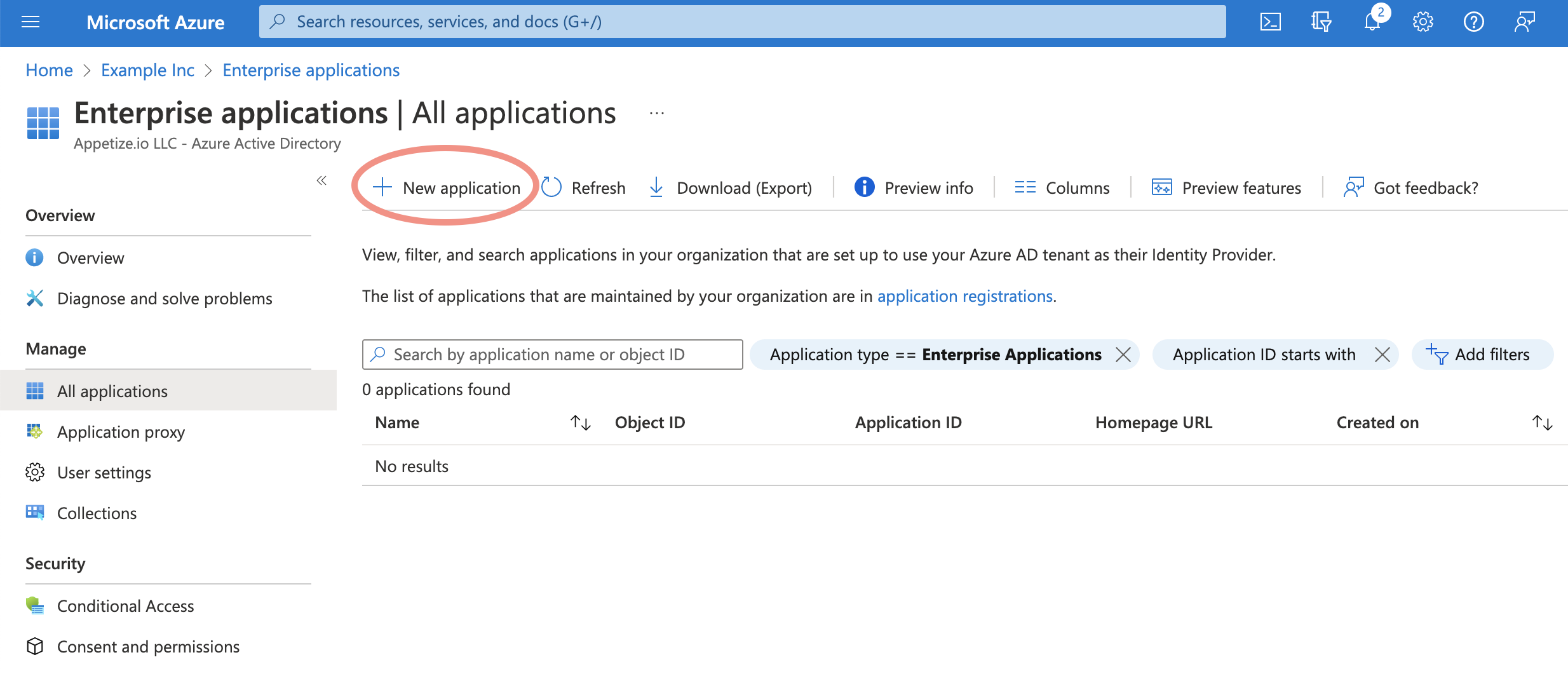 List of enterprise apps. Click "New Application"