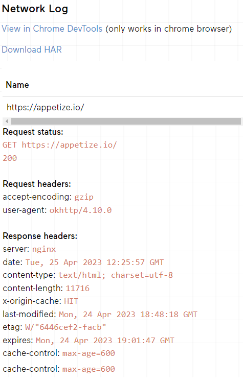 Example App Network Event Log