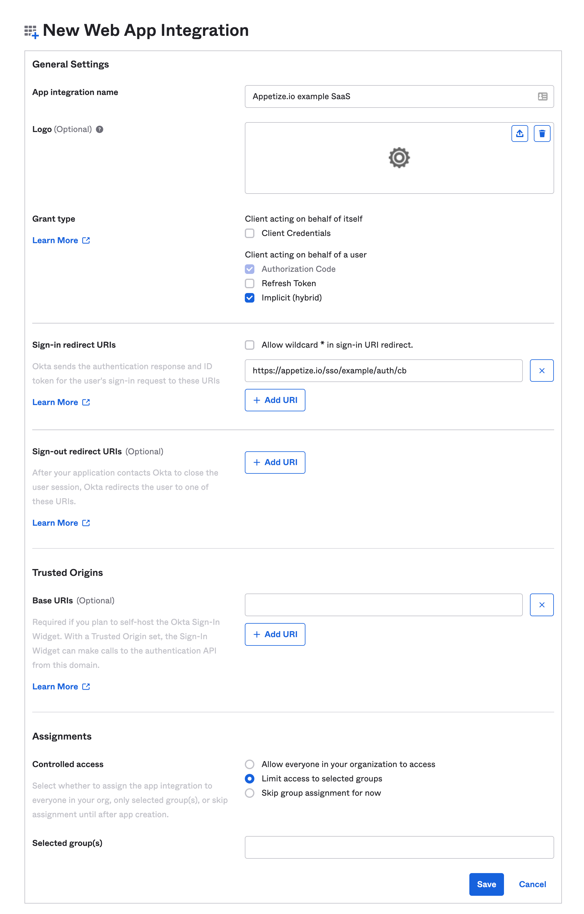 Example app settings in OKTA
