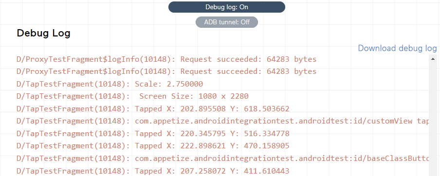 Example Debug logs from App Page