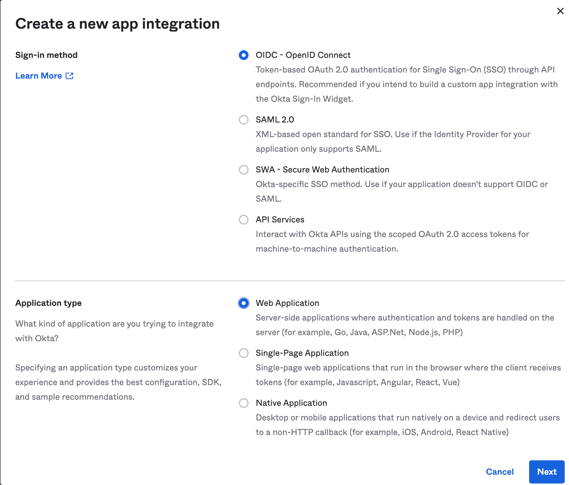 Example creating new "Web" application in OKTA